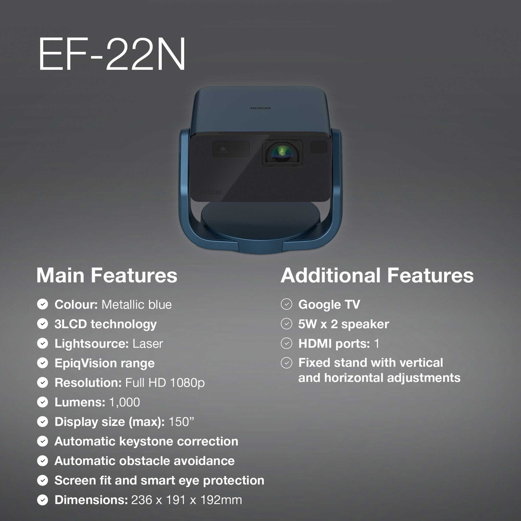Epson EF-22N - Mini projecteur laser avec son, Full HD, 1'000 lumens
