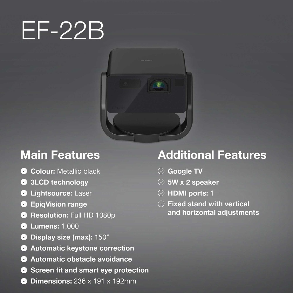 Epson EF-22B - Mini projecteur laser avec son, Full HD, 1'000 lumens