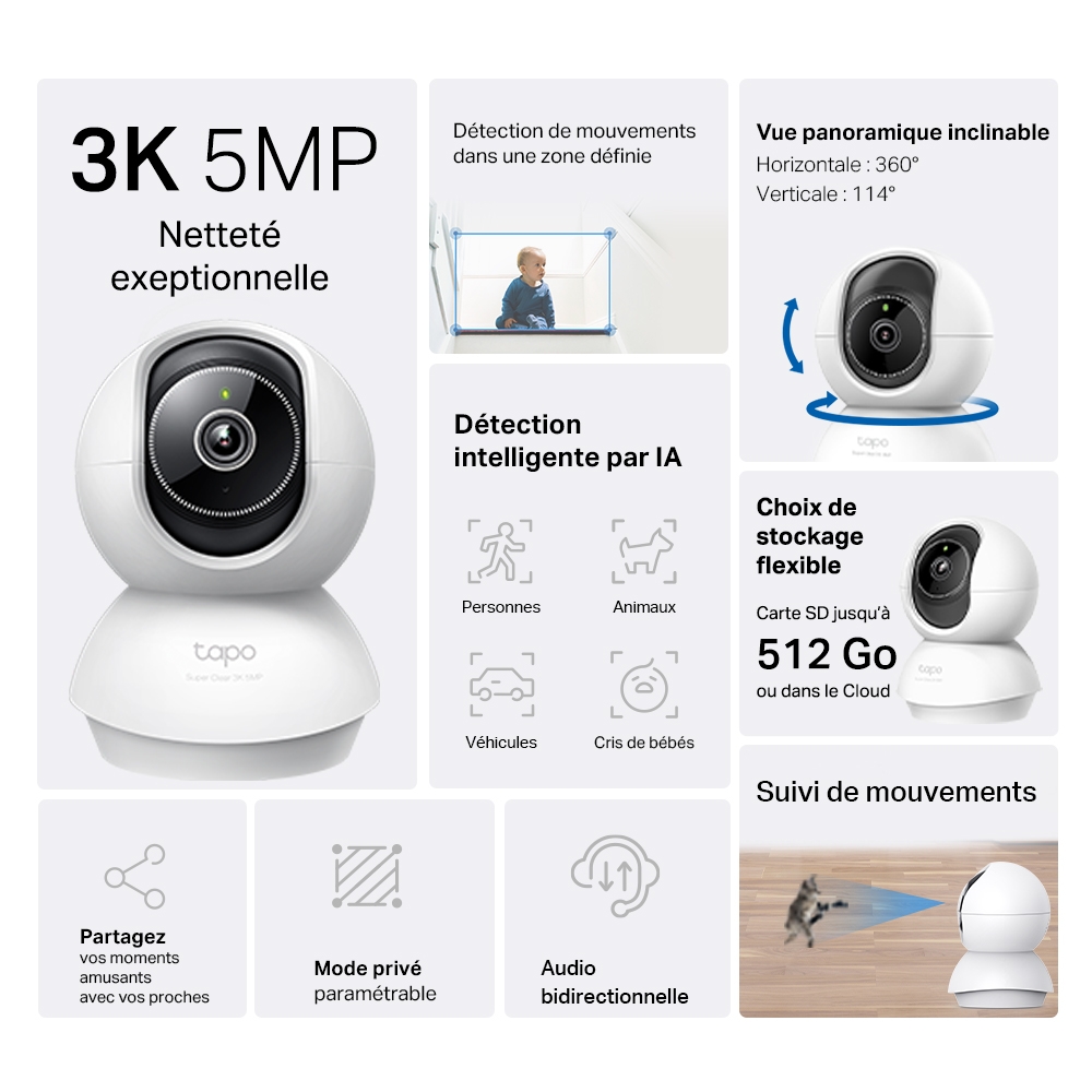 TP-Link - C230 - Caméra de sécurité panoramique/inclinable WiFi avec IA