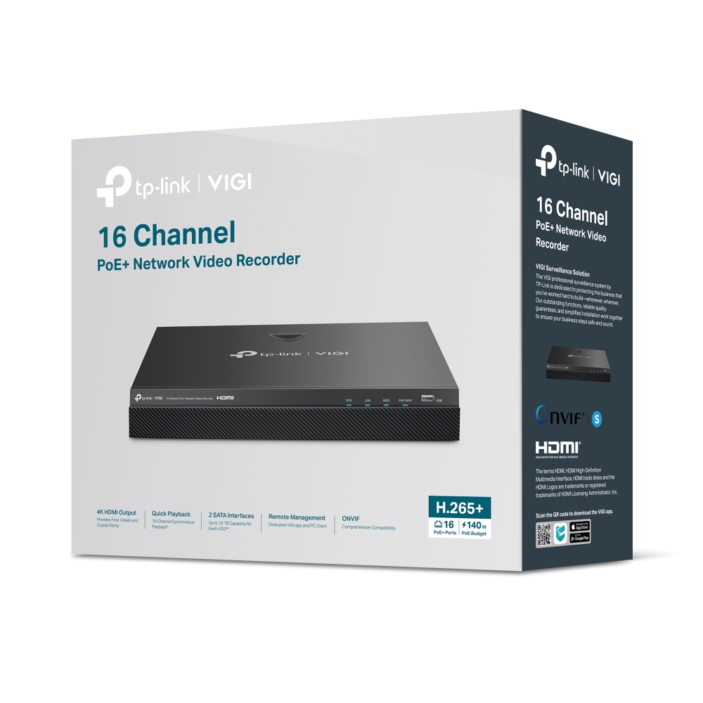 TP-Link - VIGI NVR2016H-16MP - Enregistreur vidéo réseau PoE+ VIGI 16 canaux