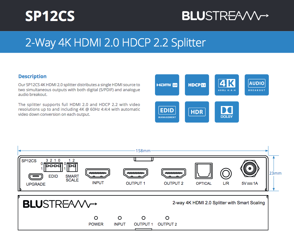Blustream SP12CS Splitter 1/2 - 4K 18 Gbps HDMI2.0
