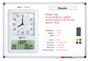 Geemarc VISO MEMODAY - Tableau blanc aide-mémoire avec horloge intégrée