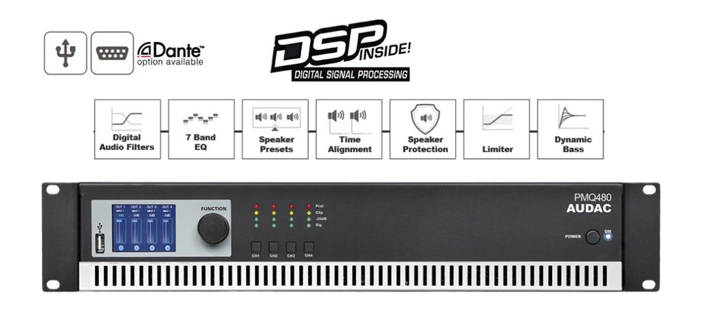 Audac PMQ480 - Amplificateur WaveDynamics DSP 4x480W @100V/8ohm