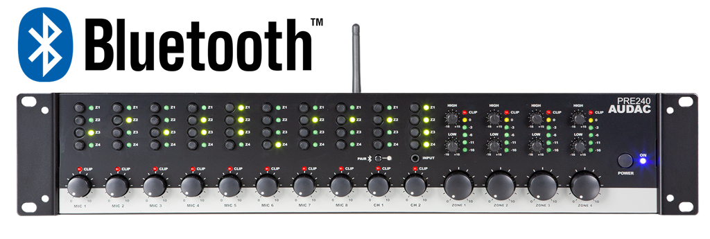 Audac PRE240 - Préamplificateur Bluetooth 4 zones 8x Micros Input