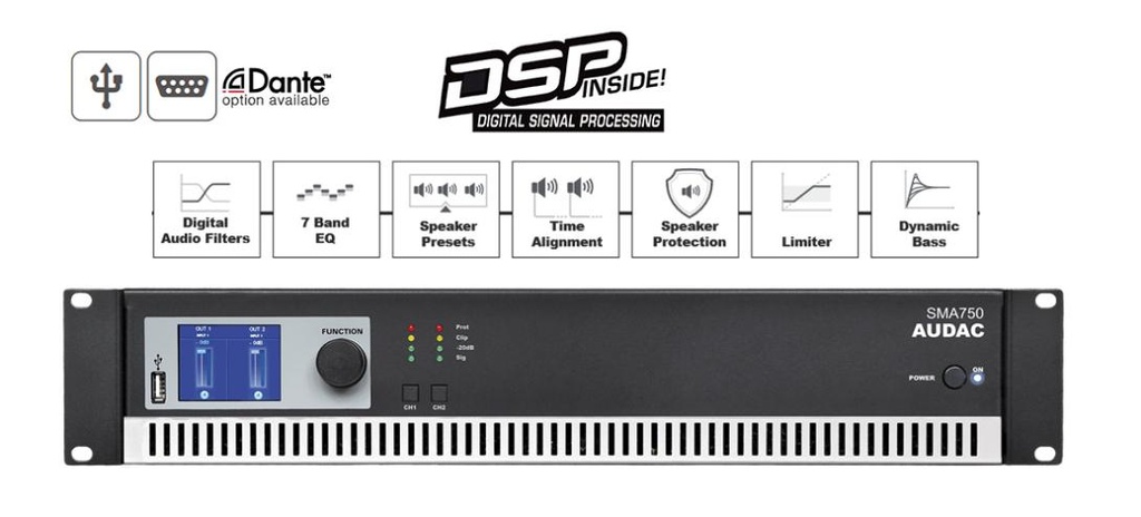 Audac SMA750 - Amplificateur WaveDynamics DSP 2x750W@4ohm