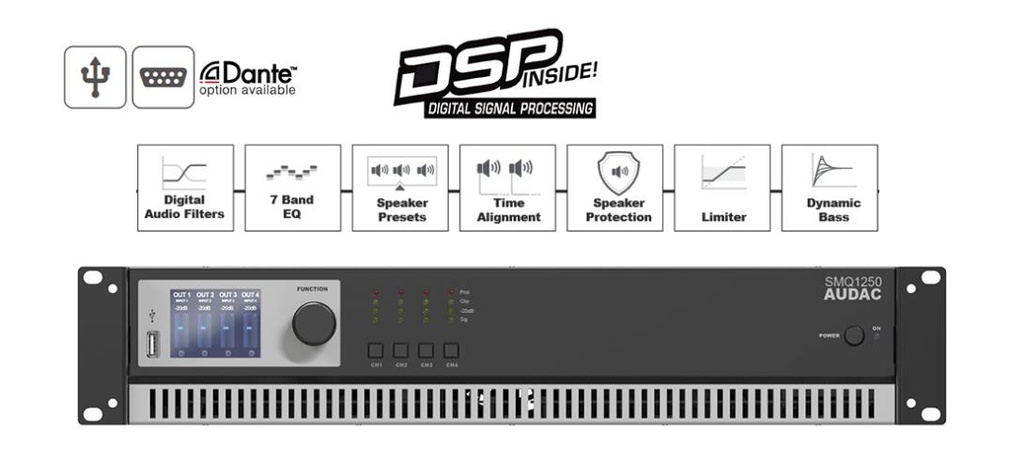 Audac SMQ1250 - Amplificateur de puissance 4 canaux Class-D léger