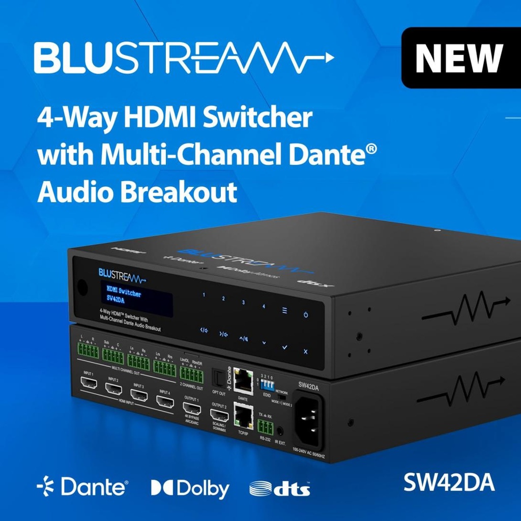Blustream SW42DA - Switch HDMI 4 voies avec sortie audio 2x Dante