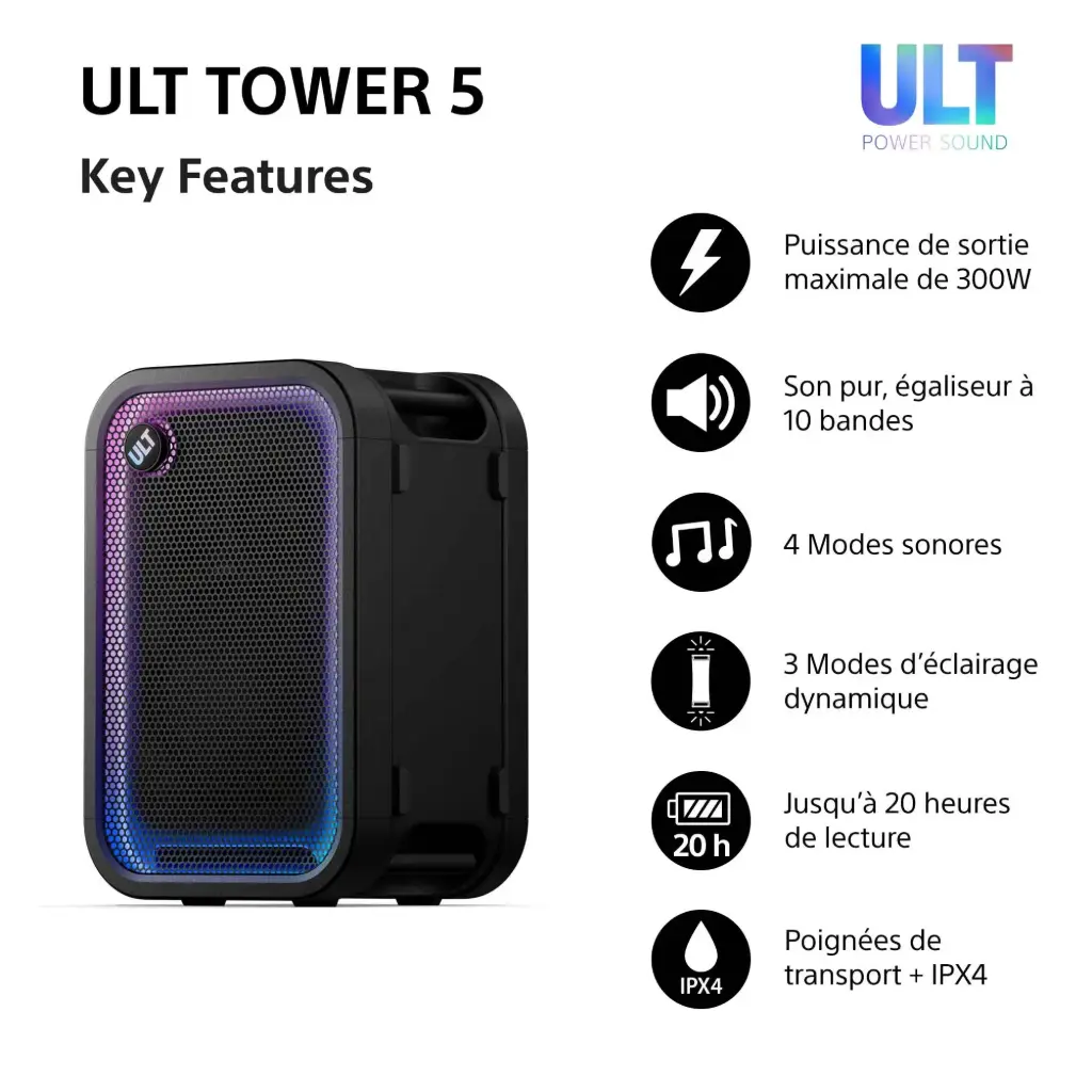 Sony ULT TOWER 5 - Enceinte Bluetooth sans fil, 300 W, 20 h, IPX4, portable, noir