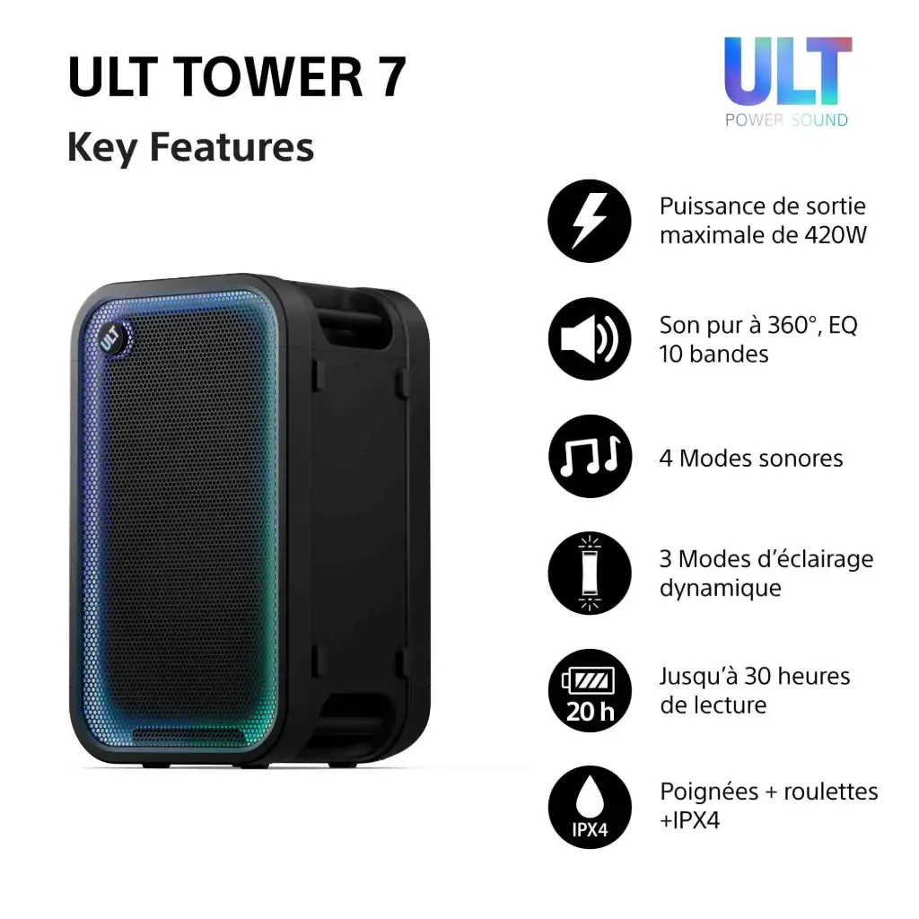 Sony ULT TOWER 7 - Enceinte Bluetooth sans fil, 420 W, 30 h, IPX4, portable sur roulettes, noir