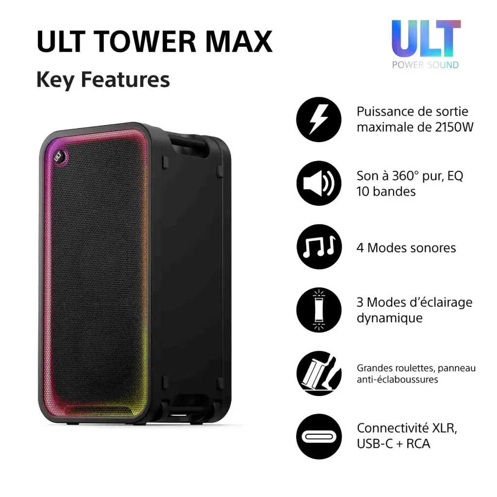Sony ULT TOWER MAX - Enceinte Bluetooth sans fil, 2150 W, son surround / lumières de fête / portable avec roulettes, noir