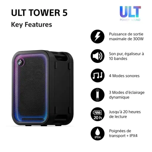 [RSULT500.CEL] Sony ULT TOWER 5 - Enceinte Bluetooth sans fil, 300 W, 20 h, IPX4, portable, noir